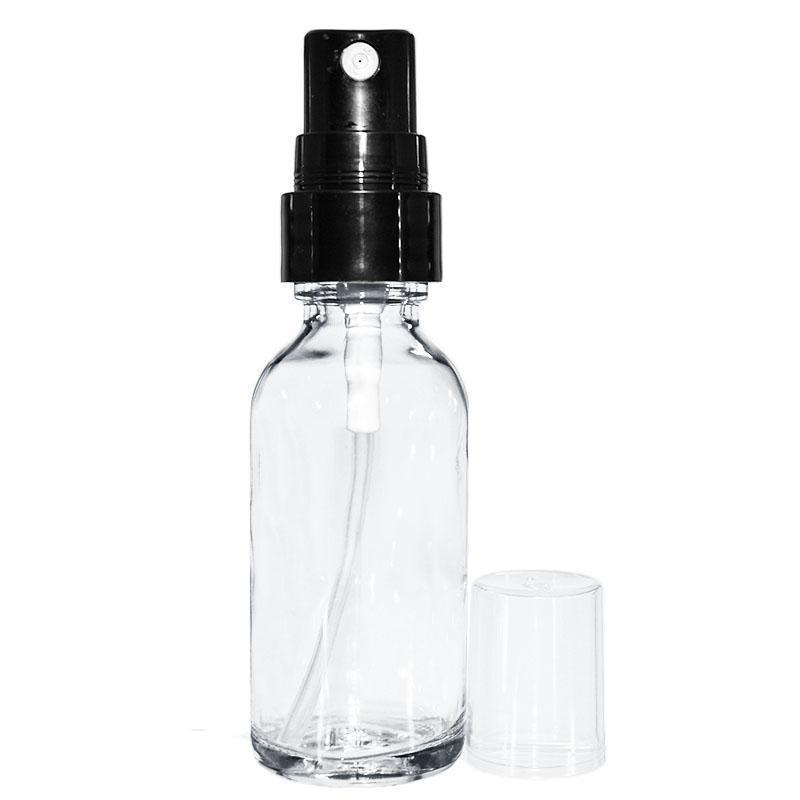 1 oz. Clear Boston Round with Black Fine-Mist Sprayer (Smooth) (.16 ml Per Spray) (20/400) (V4) (V20)-Glass Bottle Outlet