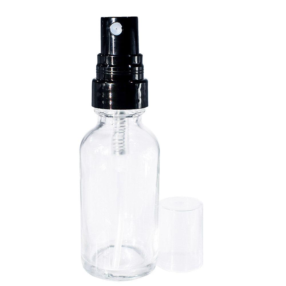 1 oz. Clear Boston Round with Black Fine-Mist Sprayer (Smooth) (.16 ml Per Spray) (20/400) (V8) (V20)-Glass Bottle Outlet