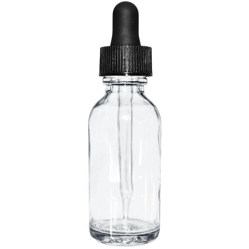 1 oz. Clear Boston Round with Black Glass Dropper (20/400) (V4) (V8)-Glass Bottle Outlet