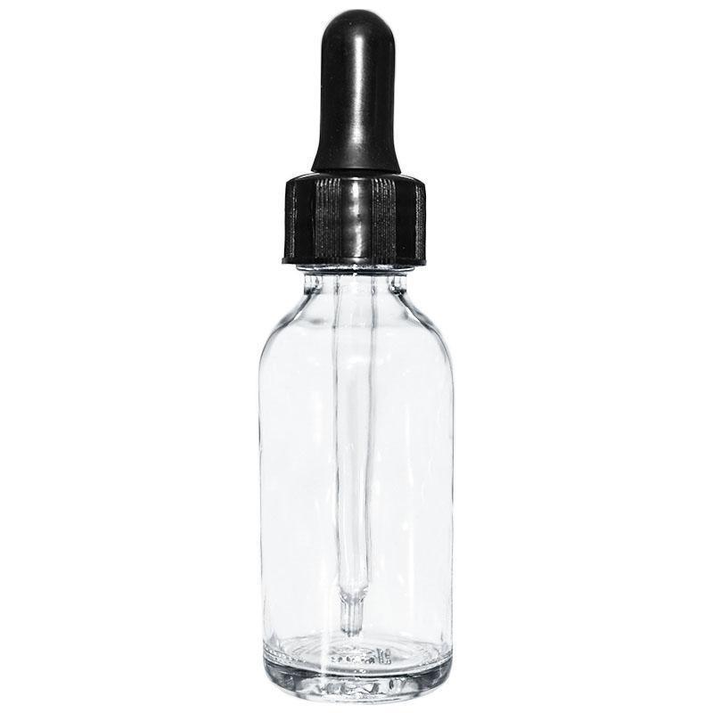 1 oz. Clear Boston Round with Black Nitrile Glass Dropper (20/400) (V4) (V12)-Glass Bottle Outlet