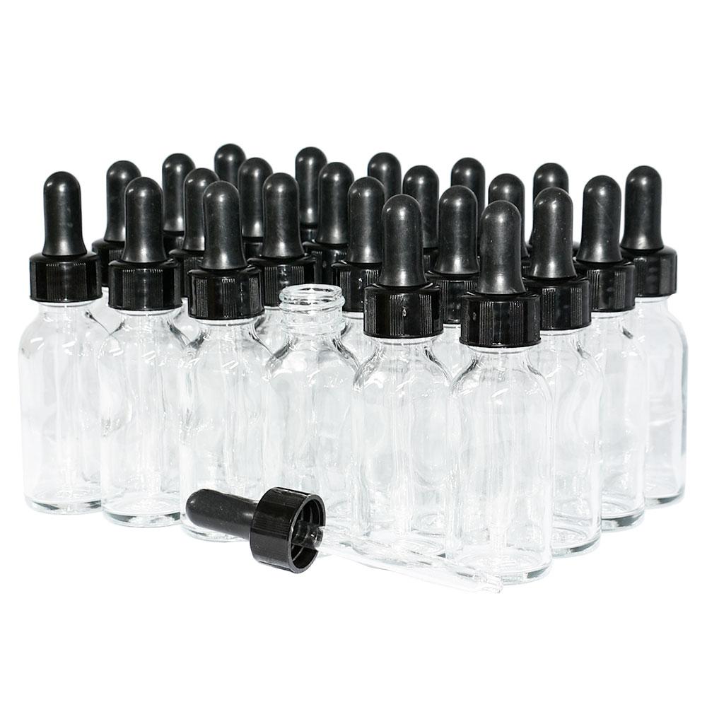 1 oz. Clear Boston Round with Black Nitrile Glass Dropper (20/400) (V4) (V12)-Glass Bottle Outlet