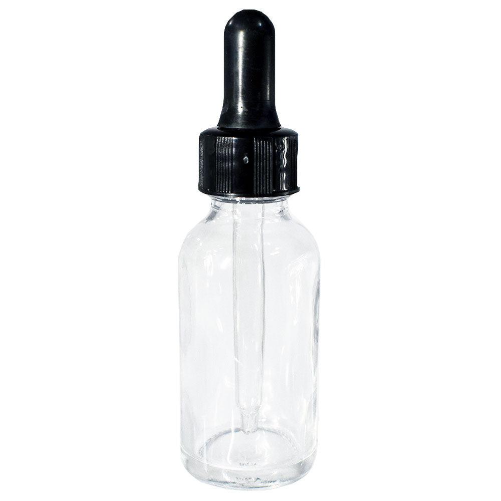 1 oz. Clear Boston Round with Black Nitrile Glass Dropper (20/400) (V8) (V12)-Glass Bottle Outlet