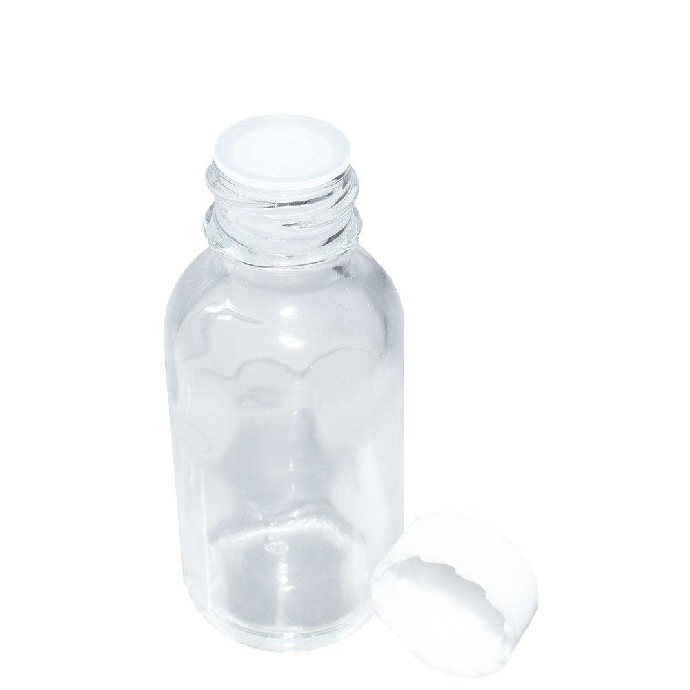 1 oz. Clear Boston Round with Reducer and White Cap (20/400) (V8) (V1)-Glass Bottle Outlet