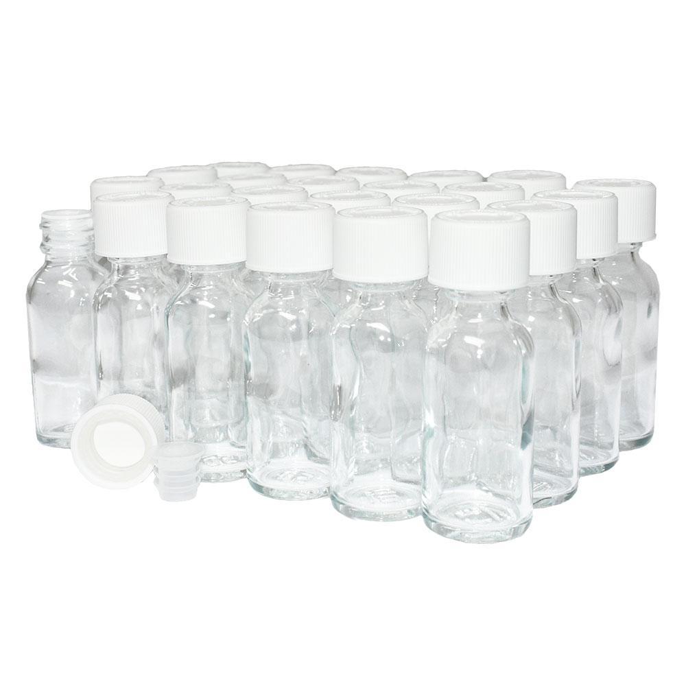 1 oz. Clear Boston Round with Reducer and White Child-Resistant Cap (20/400) (V4) (V1)-Glass Bottle Outlet