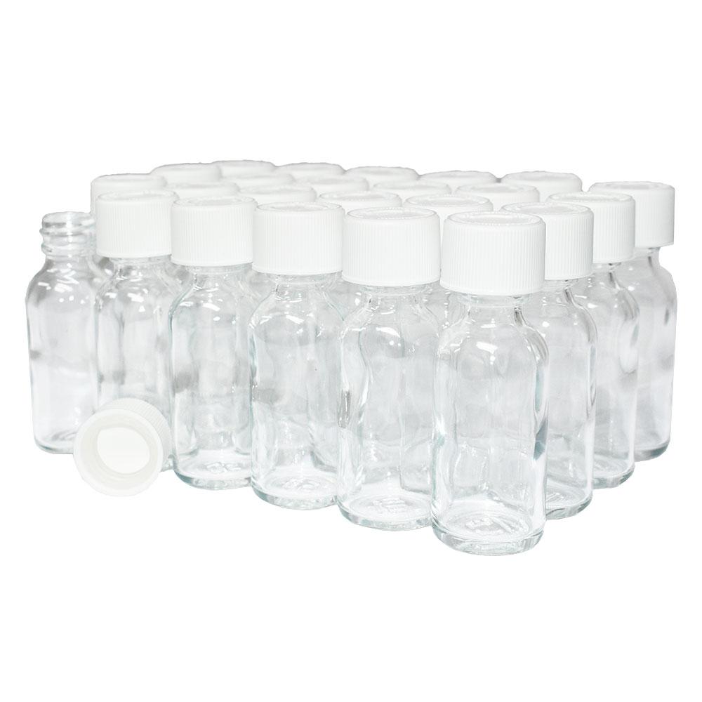 1 oz. Clear Boston Round with White Child-Resistant Cap (20/400) (V4) (V1)-Glass Bottle Outlet
