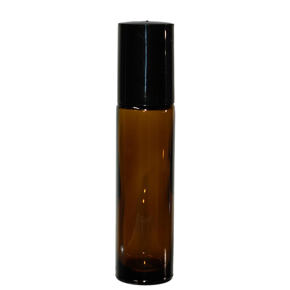 1/3 oz. (10 ml) Amber Glass Roll-on Bottle with Black Cap (Plastic Ball) (V10)-Glass Bottle Outlet