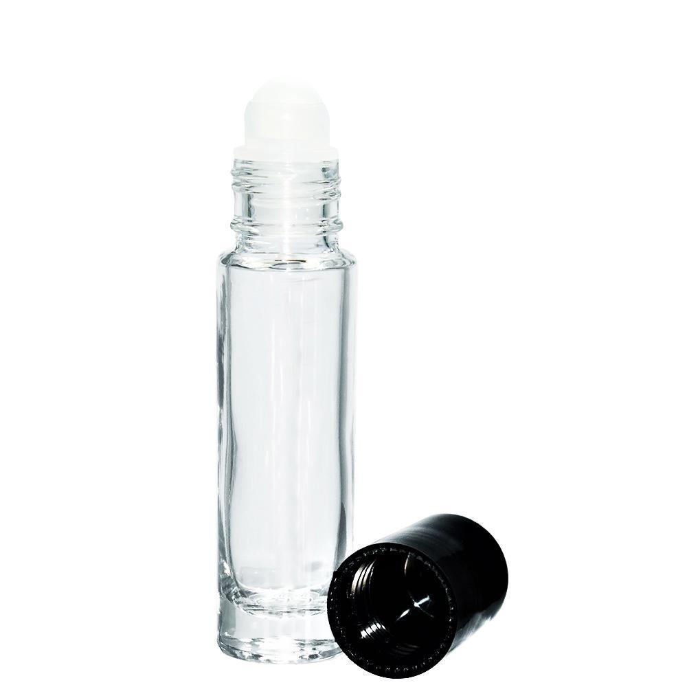 1/3 oz. (10 ml) Clear Glass Roll-on Bottle with Black Cap (Plastic Ball) (V3)-Glass Bottle Outlet