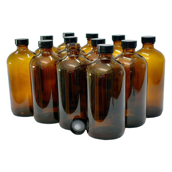 [ 12 Pack, 16 oz ] Glass Amber Bottles with Black Poly Cone Cap & 3  Stainless Steel Funnels & 12 Labels - 480ml Boston Round Sample Bottles,  Brown