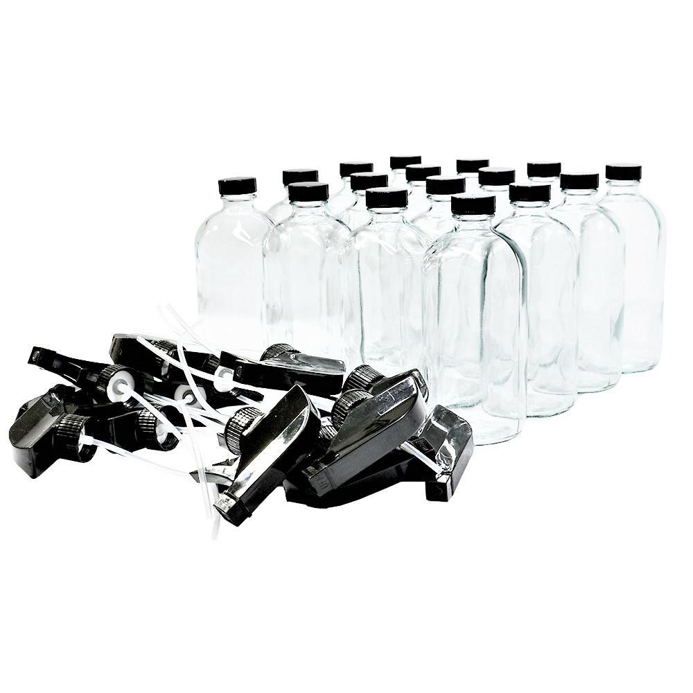 16 oz. Clear Boston Round with Black Poly Cone Cap and Black Trigger Sprayer (28/400) (V4) (V5) (V13)-Glass Bottle Outlet
