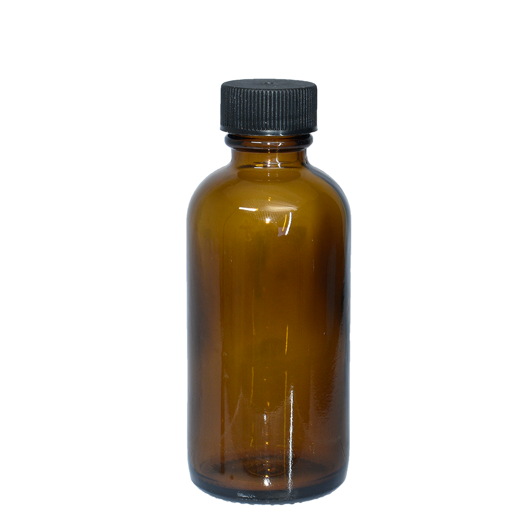 2 oz. Amber Boston Round with Black Cap (20/400) (V5) (V6)-Glass Bottle Outlet