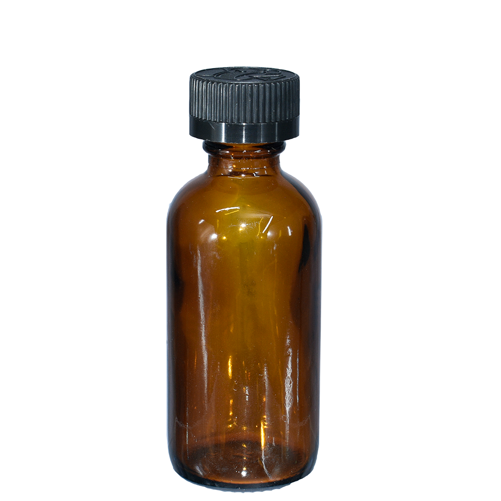2 oz. Amber Boston Round with Reducer and Black Child-Resistant Cap (20/400) (V5) (V6)-Glass Bottle Outlet