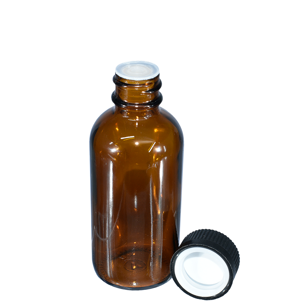 2 oz. Amber Boston Round with Reducer and Black Child-Resistant Cap (20/400) (V5) (V6)-Glass Bottle Outlet