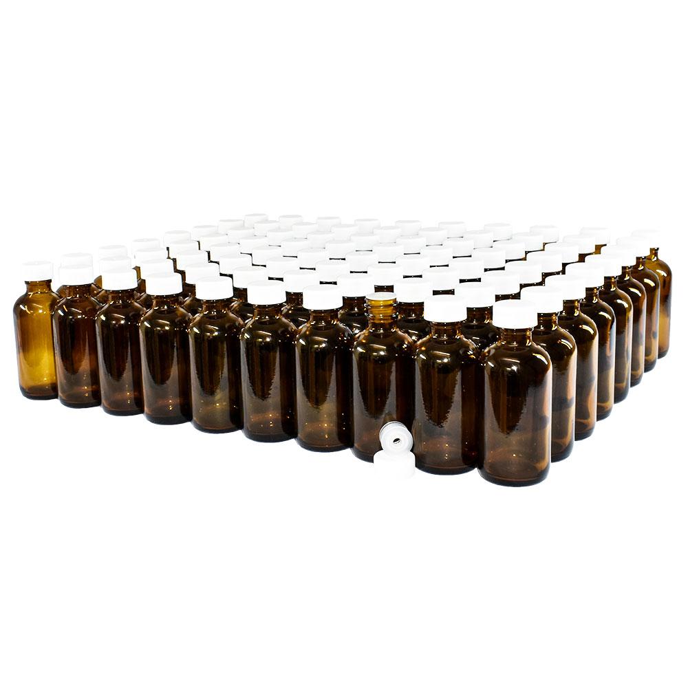 2 oz. Amber Boston Round with Reducer and White Cap (20/400) (V4) (V1)-Glass Bottle Outlet