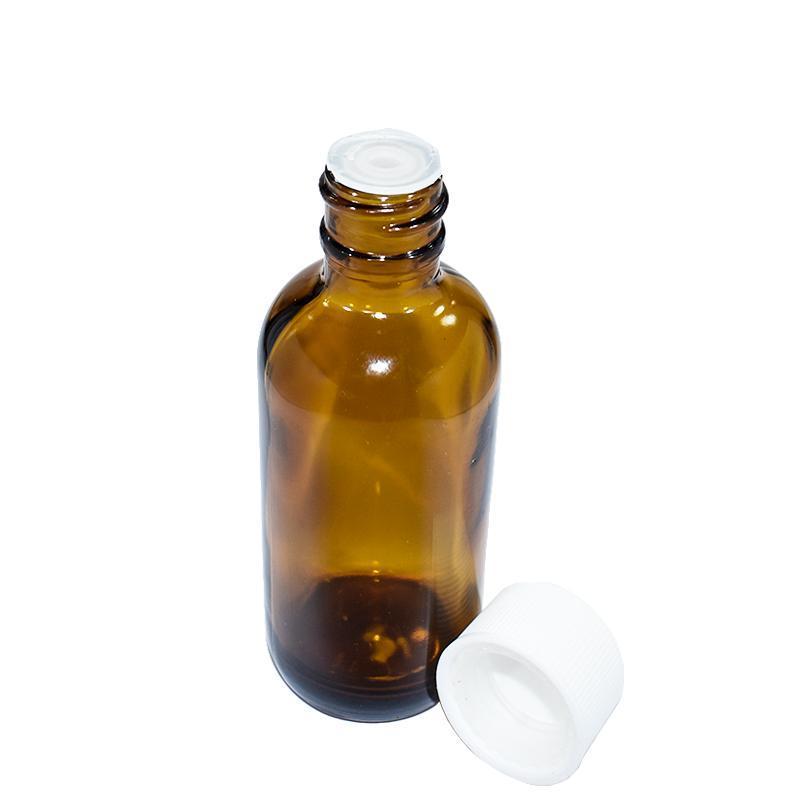2 oz. Amber Boston Round with Reducer and White Child-Resistant Cap (20/400) (V4) (V1)-Glass Bottle Outlet