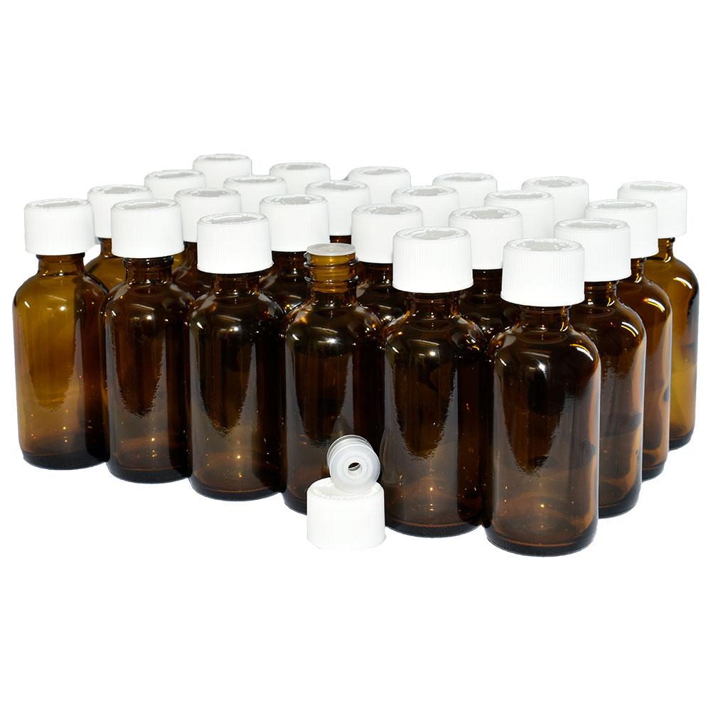 2 oz. Amber Boston Round with Reducer and White Child-Resistant Cap (20/400) (V4) (V1)-Glass Bottle Outlet
