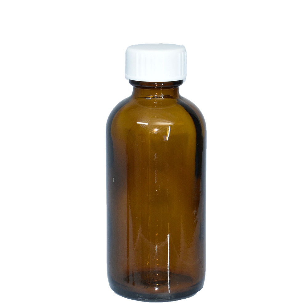 2 oz. Amber Boston Round with White Cone Cap (20/400) (V5) (V20)-Glass Bottle Outlet