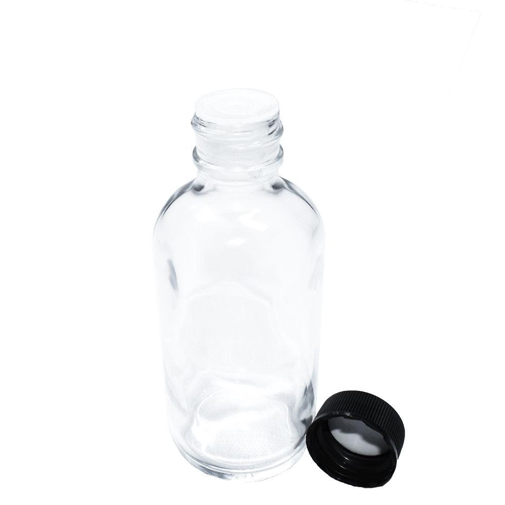 2 oz. Clear Boston Round with Black Cap (20/400) (V5) (V6)-Glass Bottle Outlet