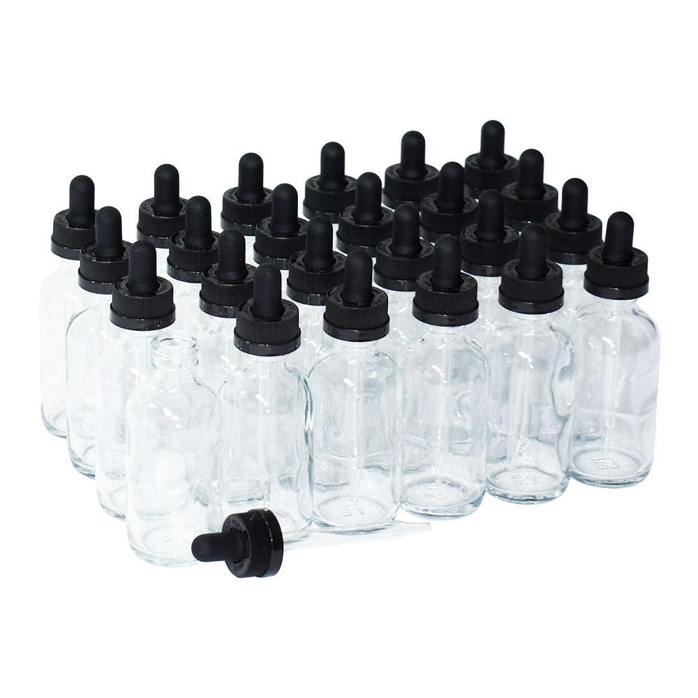 2 oz. Clear Boston Round with Black Child-Resistant Glass Dropper (20/400) (V4) (V8)-Glass Bottle Outlet