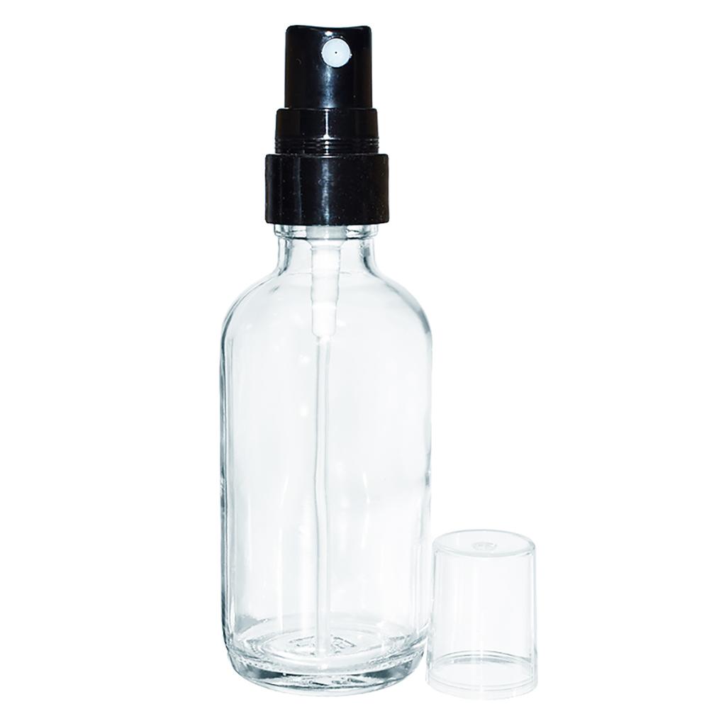 2 oz. Clear Boston Round with Black Fine-Mist Sprayer (.1 ml Per Spray) (20/400) (V4) (V15)-Glass Bottle Outlet