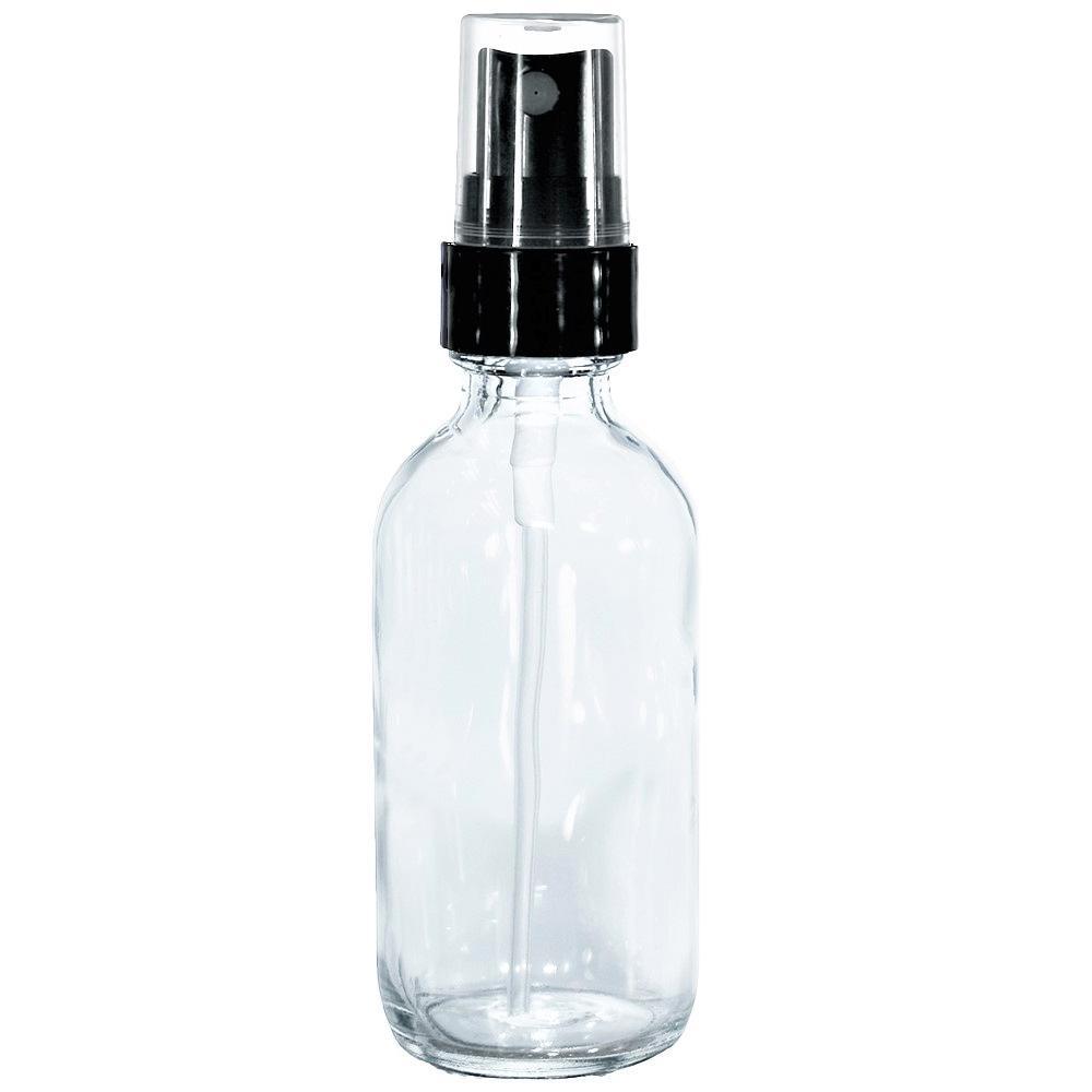 2 oz. Clear Boston Round with Black Fine-Mist Sprayer (.1 ml Per Spray) (20/400) (V8) (V15)-Glass Bottle Outlet