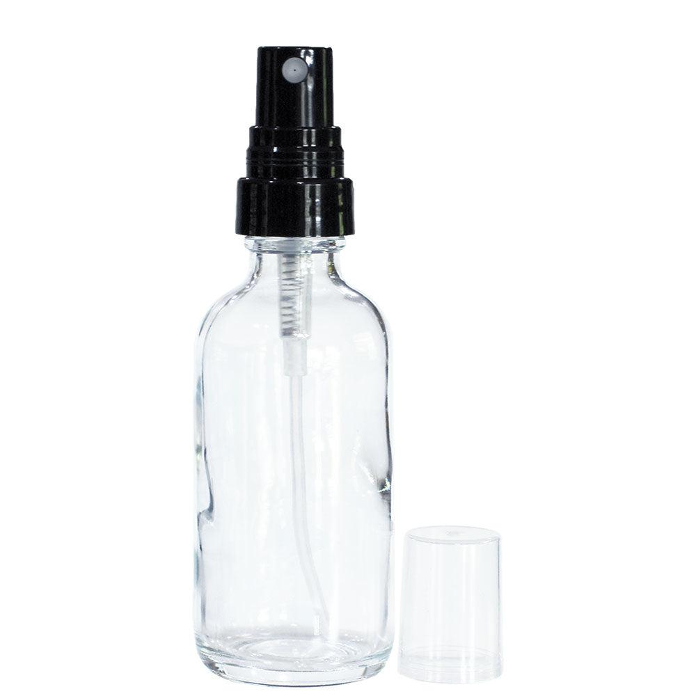 2 oz. Clear Boston Round with Black Fine-Mist Sprayer (.16 ml Per Spray) (20/400) (V5) (V20)-Glass Bottle Outlet