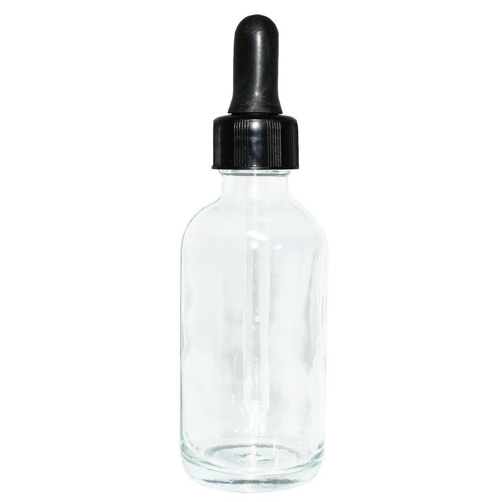 2 oz. Clear Boston Round with Large Bulb Black Glass Dropper (20/400) (V4) (V12)-Glass Bottle Outlet
