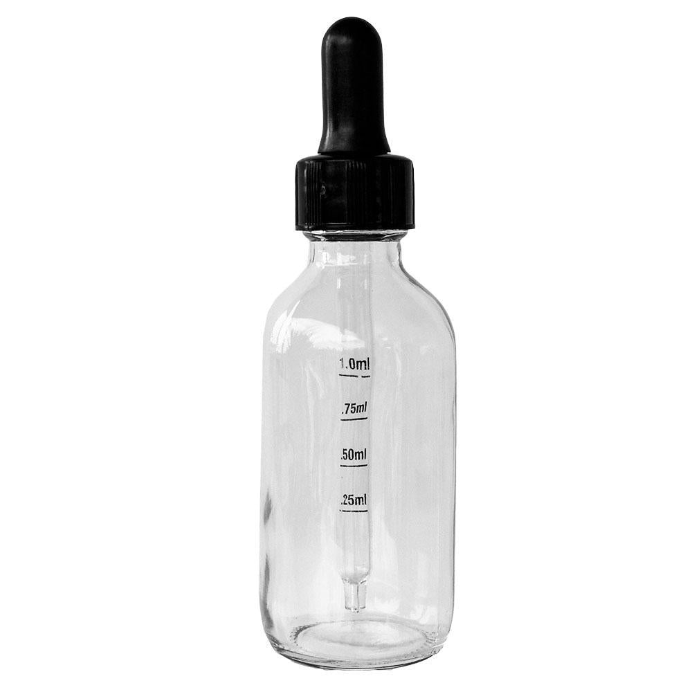 2 oz. Clear Boston Round with Large Bulb Graduated Black Glass Dropper (20/400) (V20) (V12)-Glass Bottle Outlet