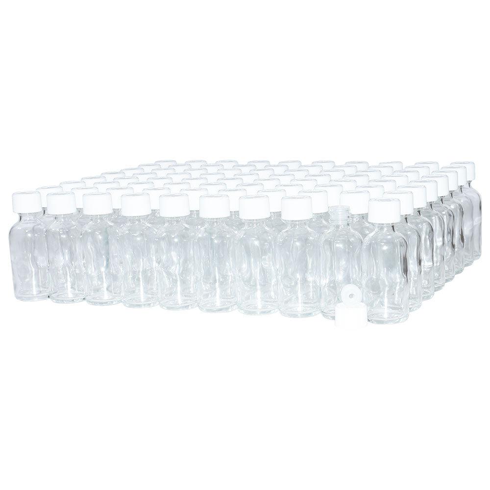 2 oz. Clear Boston Round with Reducer and White Child-Resistant Cap (20/400) (V5) (V1)-Glass Bottle Outlet