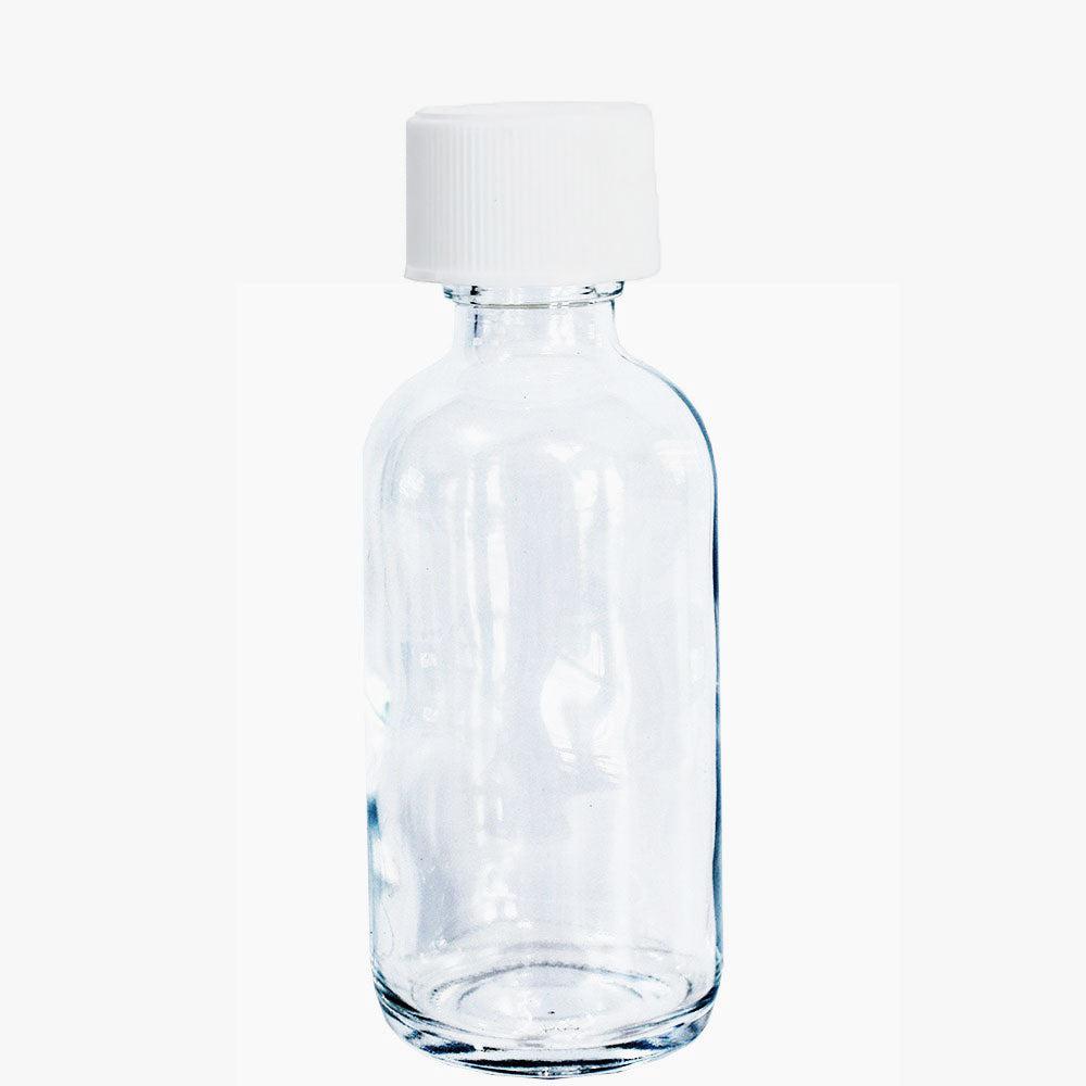2 oz. Clear Boston Round with White Child-Resistant Cap (20/400) (V5) (V6)-Glass Bottle Outlet