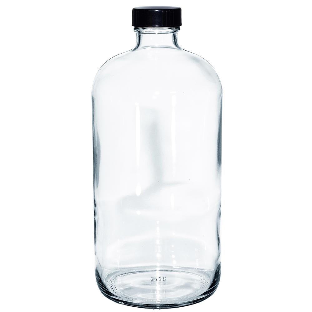 32 oz. Clear Boston Round with Black Poly Cone Cap (33/400) (V4) (V10)-Glass Bottle Outlet