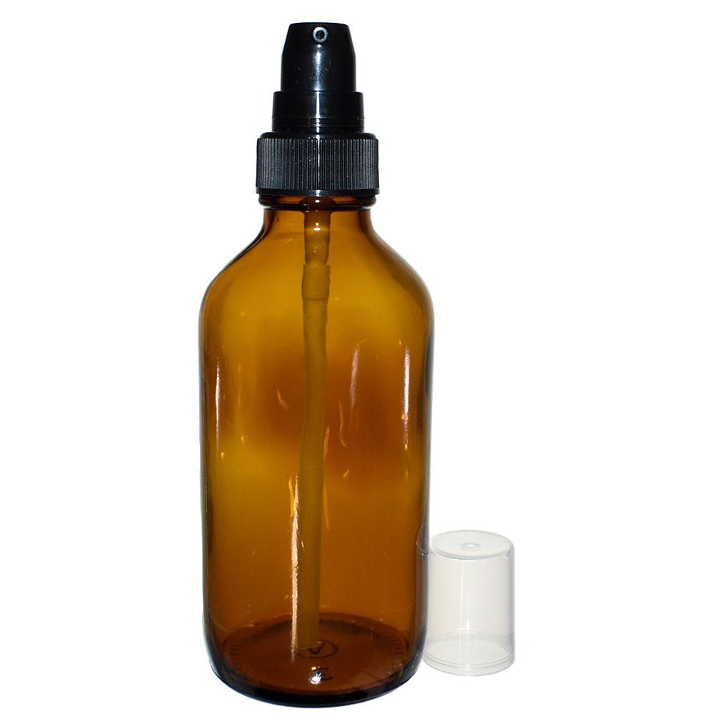 4 oz. Amber Boston Round with Black Cream Pump (22/400) (V5) (V15)-Glass Bottle Outlet