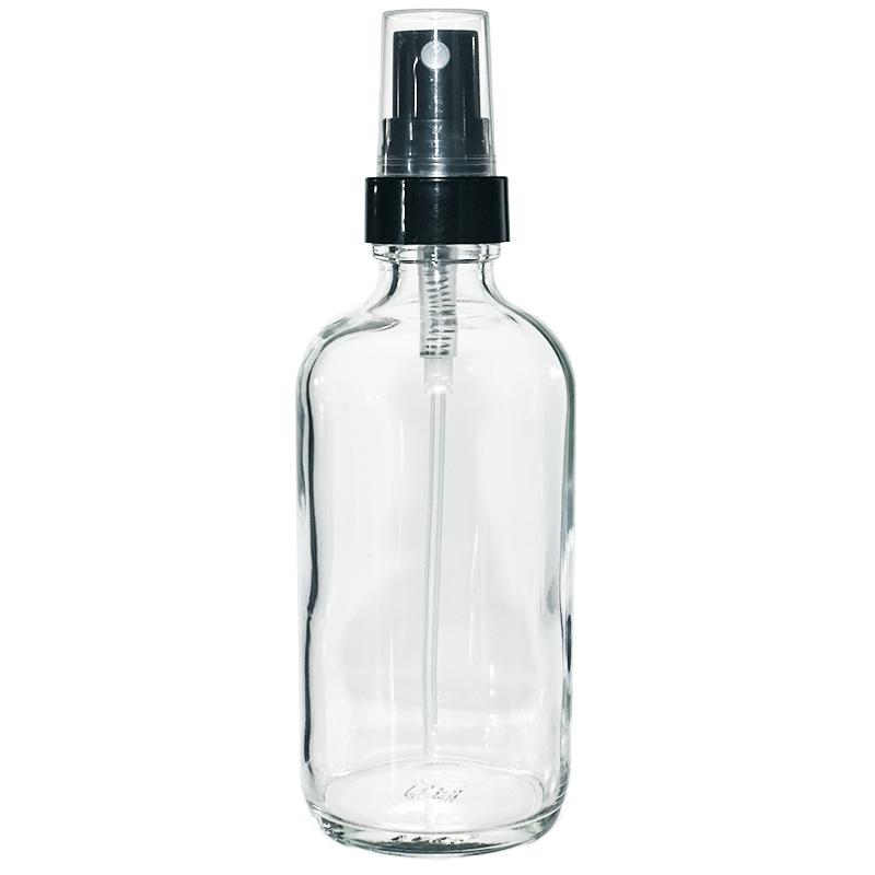 4 oz. Clear Boston Round with Black Fine-Mist Sprayer (Smooth) (22/400) (V4) (V20)-Glass Bottle Outlet