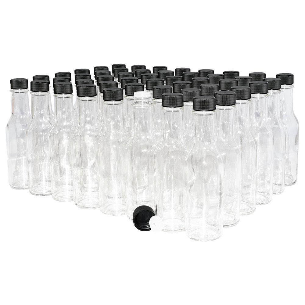 5 oz. Clear Glass Hot Sauce Bottle with Black Unlined Cap and Orifice Reducer (24/414) (V1)-24 (V1)-Glass Bottle Outlet