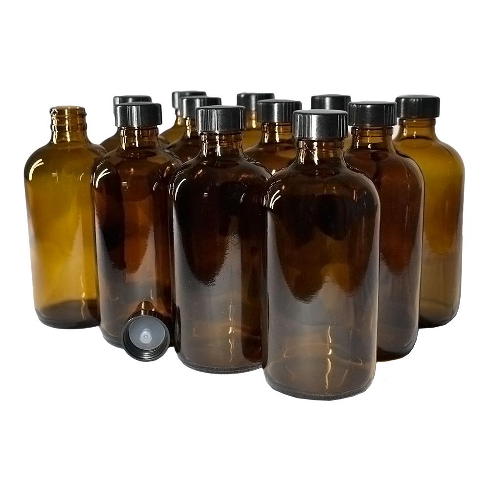 8 oz. Amber Boston Round with Black Poly Cone Cap (24/400) (V4) (V10)-Glass Bottle Outlet