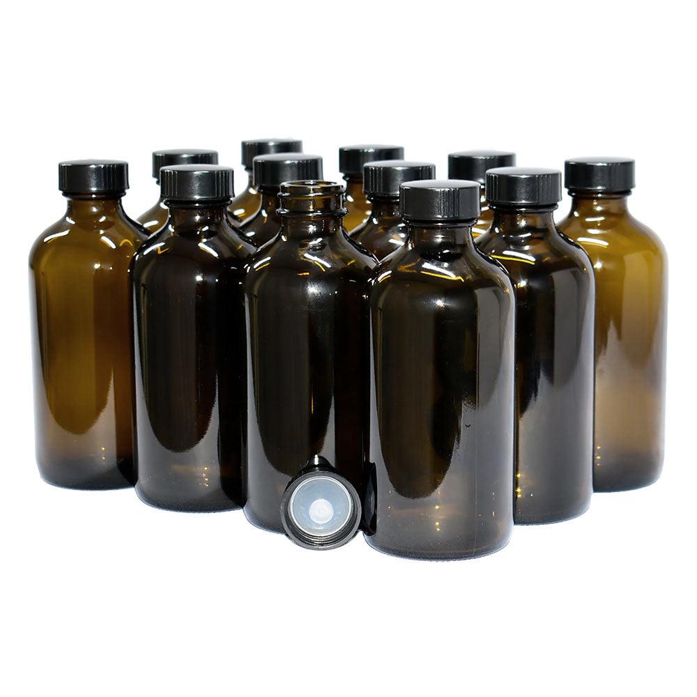 8 oz. Amber Boston Round with Black Poly Cone Cap (28/400) (V5) (V5)-Glass Bottle Outlet