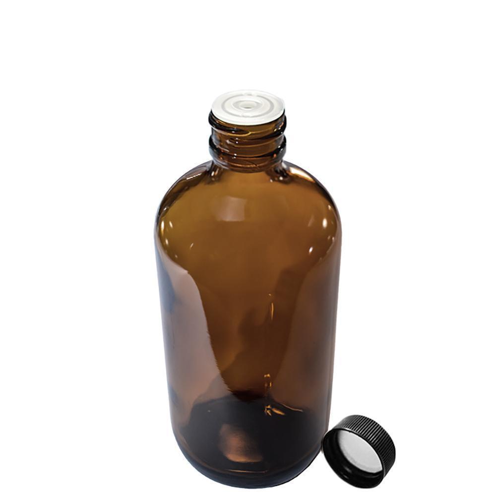 8 oz. Amber Boston Round with Reducer and Black Foam-Lined Cap (24/400) (V4) (V1)-Glass Bottle Outlet