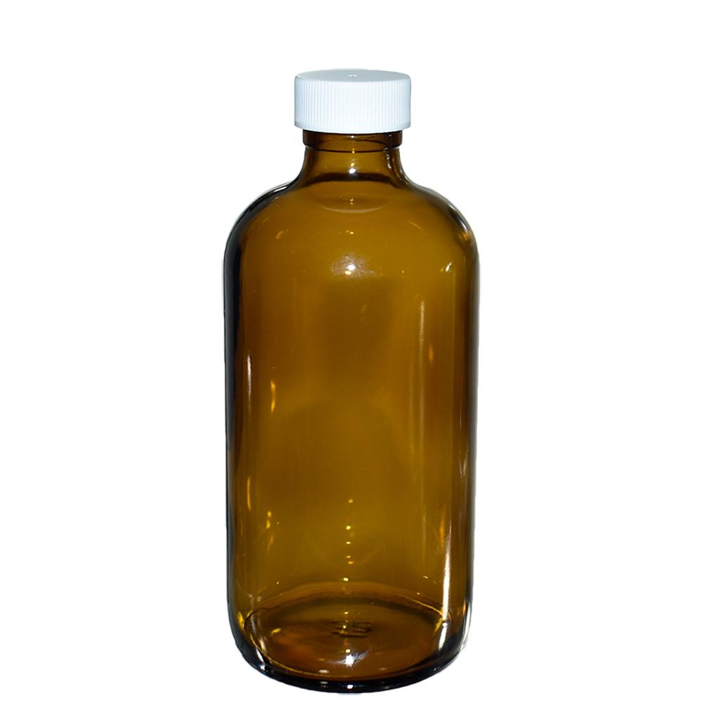 8 oz. Amber Boston Round with Reducer and White Foam-Lined Cap (24/400) (V4) (V1)-Glass Bottle Outlet