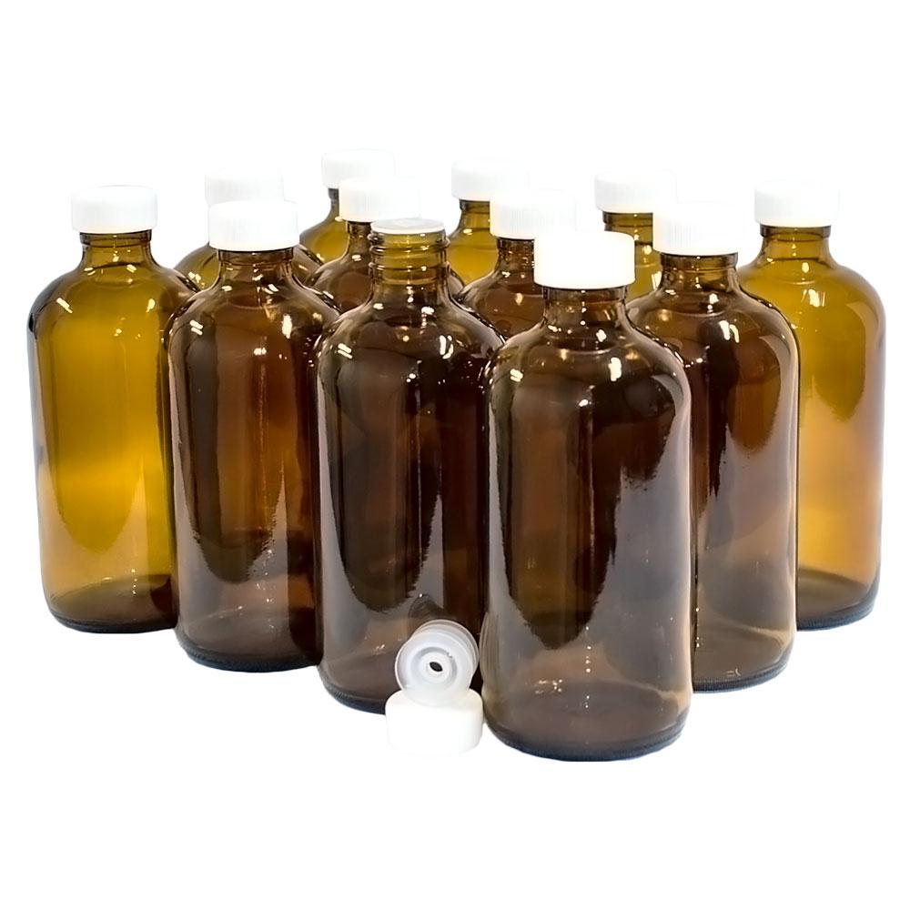 8 oz. Amber Boston Round with Reducer and White Foam-Lined Cap (24/400) (V4) (V1)-Glass Bottle Outlet