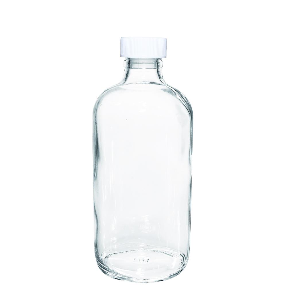 8 oz. Clear Boston Round with Reducer and White Child-Resistant Cap (24/400) (V4) (V1)-Glass Bottle Outlet